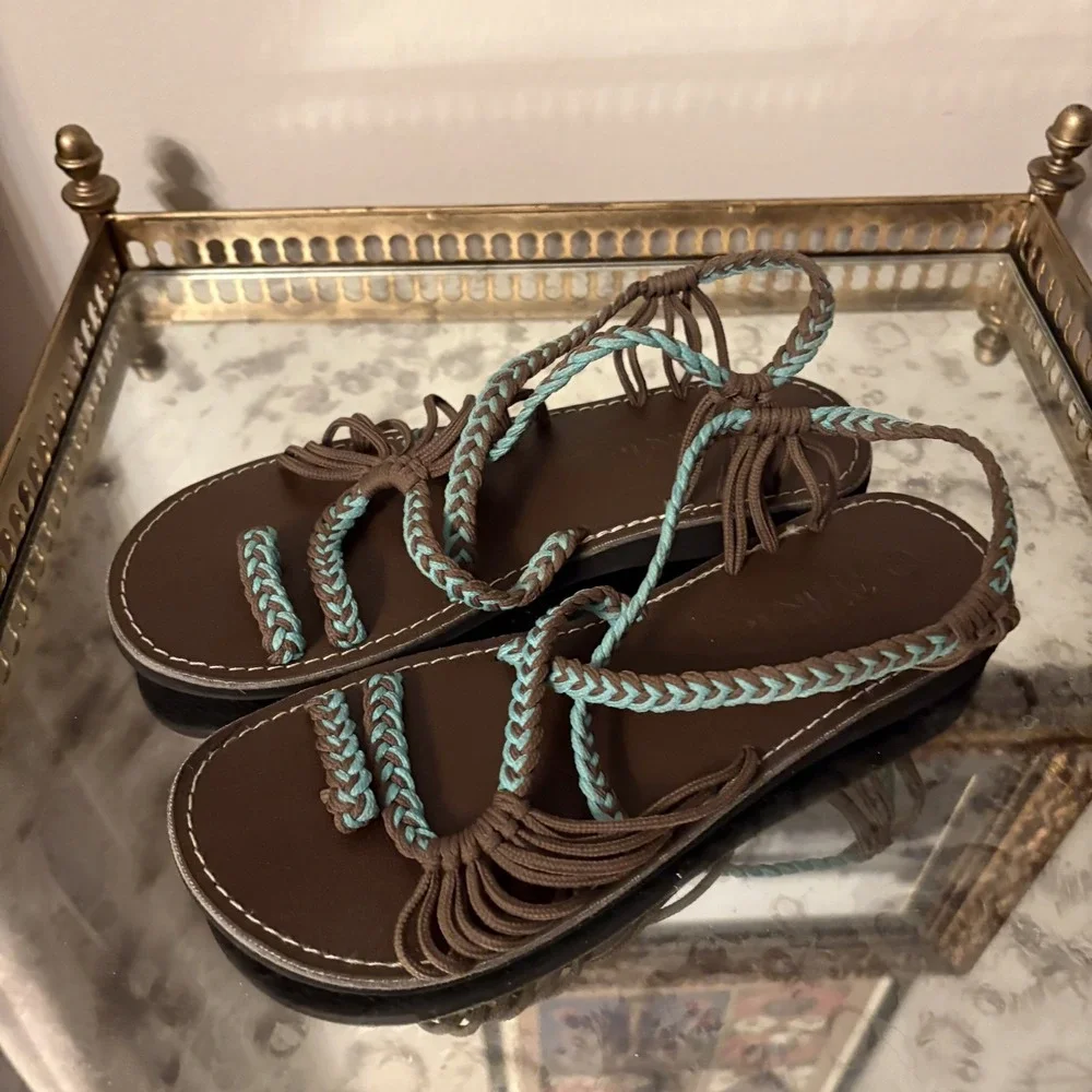 Plaka Palm Leaf Sandals Womens Size 9 Braided Rope Flat Shoes Beach Casual Summe
